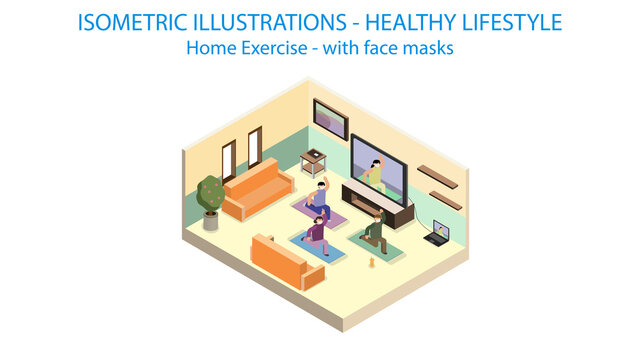 Home Exercise Isometric. Post Covid With Protective Mask.