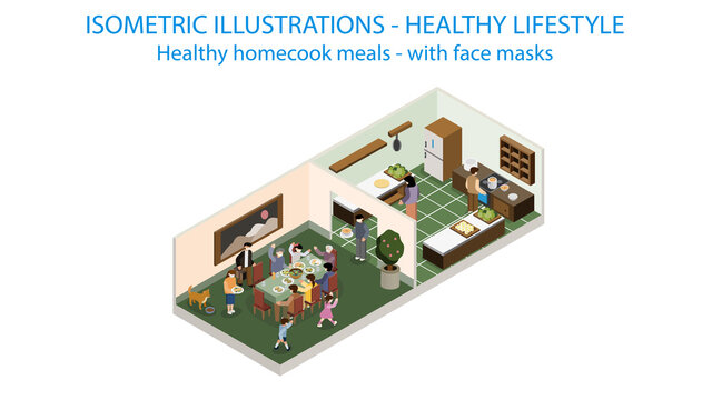 Healthy Home Cooking Isometric. Post Covid With Protective Mask.