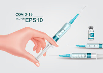 A hand with a syringe And there's a vial of COVID-19 vaccine with a syringe on a white background,vector 3d isolated for Medical concept