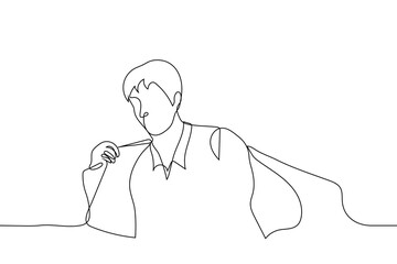 Obraz premium man takes off his jacket - one line drawing. concept man undressing after working day in the office