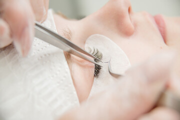 Obraz na płótnie Canvas Close up eyelash extension procedure. Woman eye with long eyelashes