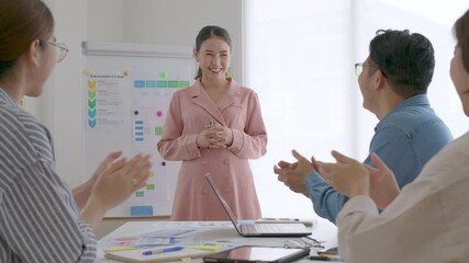 Small group asia female young happy people, sale team work in reskill upskill training class share plan idea in project research job feel bonding thankful respect greeting smile stand in office room.