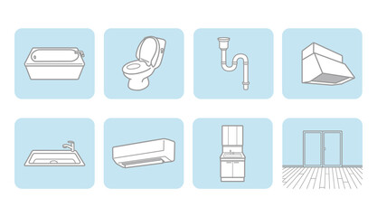 アイコンセット　エアコン　浴室　排水管　レンジフード　洗面台　トイレ　キッチン　フローリング