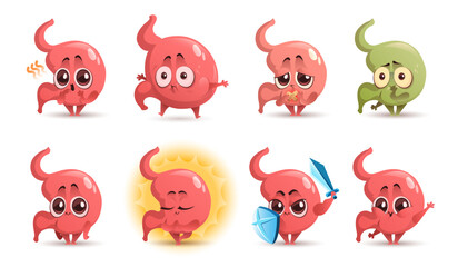 Fototapeta premium Cartoon stomach character, cute mascot with sword and shield, ulcer, stomachache, nausea and belching, Funny tummy swollen and hungry, relaxed meditating. Health care and medicine Vector icons set