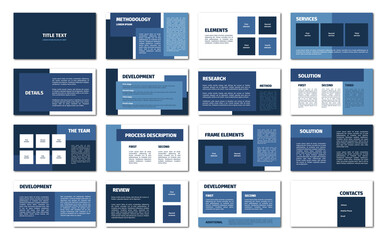 Fototapeta na wymiar Presentation template. Blue and white rectangles flat design, 16 slides. Title, detail, development, element, process description, methodology, service, team, solution.