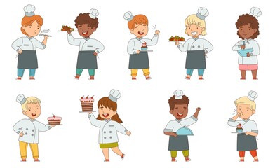 Children Chef in White Toque and Uniform Engaged in Food Preparation Vector Set