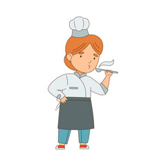 Little Girl Chef in White Toque and Jacket Tasting Food with Spoon Engaged in Meal Preparation Vector Illustration