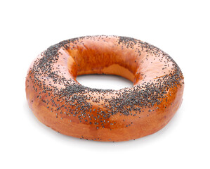 Sweet bagel with poppy seeds on white background