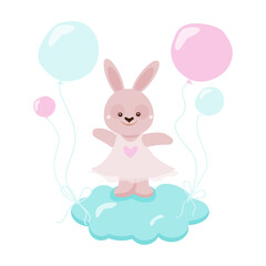 Cute bunny girl flying on a cloud with balloons. Childrens adorable vector illustration