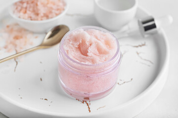 Tray with natural scrub and ingredients on white background, closeup