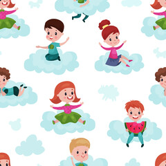 Smiling Kids Sitting on Soft Cloud and Doing Different Things Vector Seamless Pattern