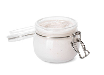 Jar with cashew sour cream on white background