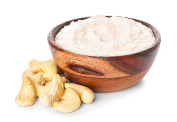 Bowl with cashew sour cream on white background