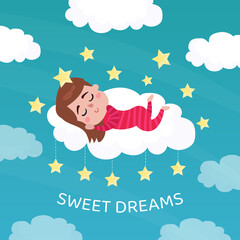 Cute Girl Lying on Soft Cloud and Sleeping Sweetly Vector Illustration
