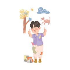 Cute Boy Drawing on the Wall with Crayons and Paints Vector Illustration