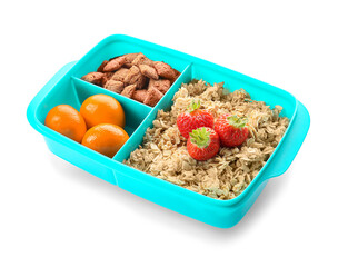 Lunchbox with tasty food on white background