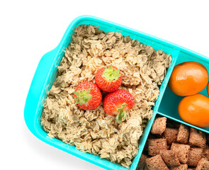 Lunchbox with tasty food on white background