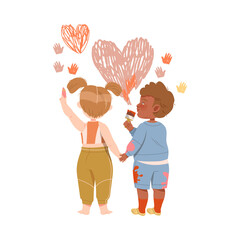 Cute Boy and Girl Holding Hands and Drawing on the Wall with Crayon and Paint Brush Vector Illustration