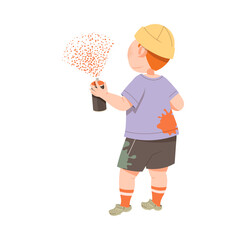 Cute Boy Drawing on the Wall with Aerosol Can Spraying Paints Vector Illustration