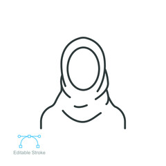 Women hijab icon, saudi arab, lady, female, islam. Beautiful muslim girl avatar. head scarf Eastern Women's Clothing logo. editable stroke. Vector illustration. Design on white background. EPS 10