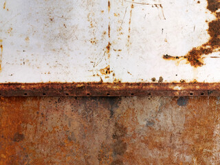 texture of old metal plates lying on top of each other and exposed to weather conditions, covered with rust, corrosion and rotted to holes