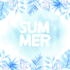 Obraz na płótnie Canvas cute watercolor summer banner with blue leaves