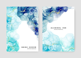 Abstract brochure A4 cover layout with gradient of blue alcohol ink texture, original background for print materials, booklet template design for business, watercolor texture, gold elements, bubbles - obrazy, fototapety, plakaty