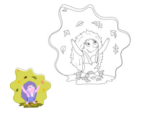 Coloring book for children, hedgehog throws leaves, autumn. vector isolated on a white background