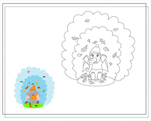 Coloring book for children, cartoon elephant throws leaves, autumn. vector isolated on a white background