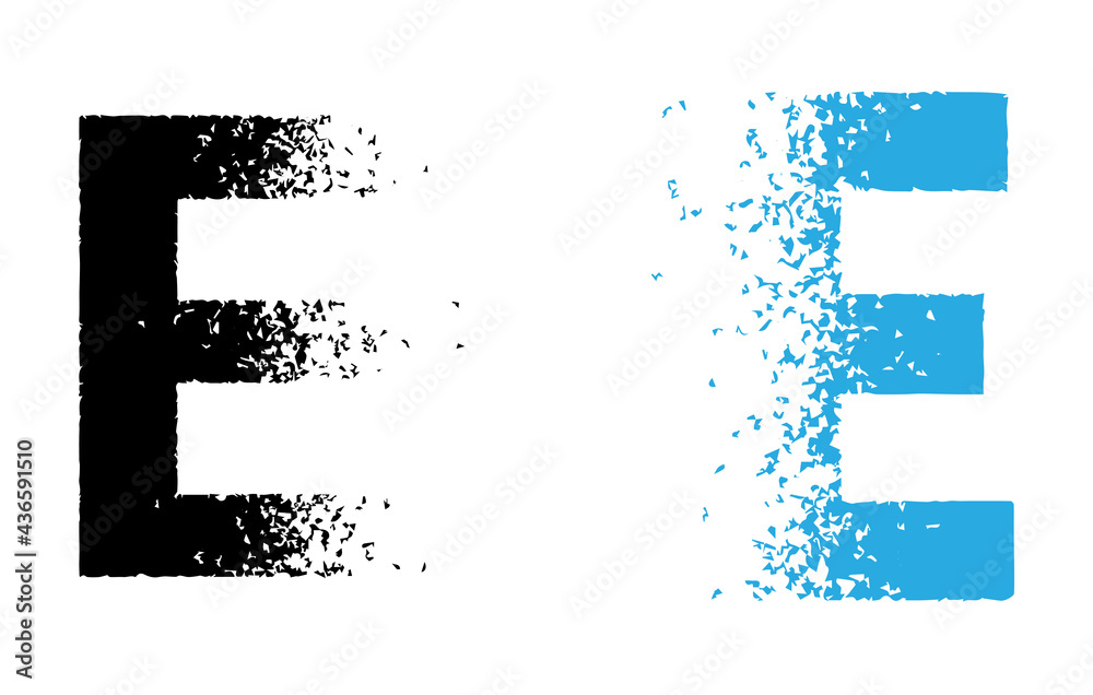 Wall mural Capital letter E in dispersion effect as graphic design element black and blue color