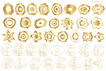 Set of golden flowers on a white background. Contour golden flowers