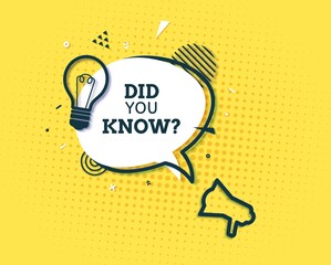 Did you know speech bubble and loudspeaker in paper cut style. Quiz show white sticker in memphis retro style on yellow background. Vector banner with black outline bulb sign and geometric shape