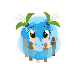 Smiling planet Earth hugs people with love and care. Environmental protection, sustainable development, ecology concept. World environment day, Earth day. Vector cartoon illustration