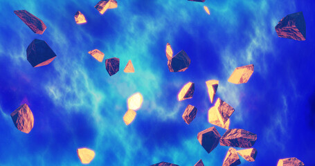 Render with pieces of meteorites on bright blue space