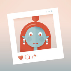 Young girl's selfie photography new post publishing in social media network (Facebook, Instagram, Twitter etc.) with like, comment and share icons.