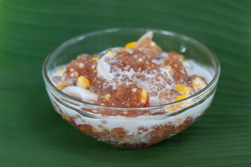 Tapioca pearl or Sago pudding with young coconut meat and coconut milk in bowl is Thai desserts on banana leaf background.
