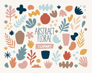 Modern vector abstract floral set with plants, leaves, vases, flowers, bushes, graphic elements, shapes, hearts in trendy boho colors © ejevyaka