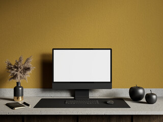 Workspace computer, monitor on yellow interior. 3d render illustration mock up.