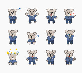 Set of koala bear characters in business suit showing various emotions. Cute koala thinking, jumping, sleeping, surprised, dazed, crying and showing other emotions. Vector illustration bundle