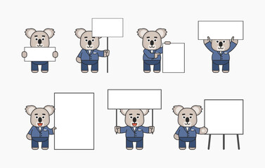 Koala character in business suit with various blank banners. Promote, advertise concept. Vector illustration bundle