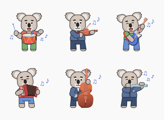 Set of koala bear characters playing on various musical instruments. Cute koala playing on drum, violin, guitar, accordion, flute, double bass. Vector illustration bundle