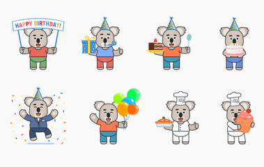 Koala birthday set. Cute koala holding birthday banner, cake, balloons, gift box, celebrating and showing other actions. Vector illustration bundle