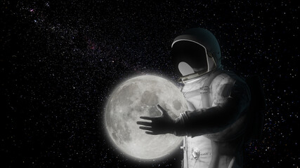 astronaut holding full moon space surreal 3d rendering