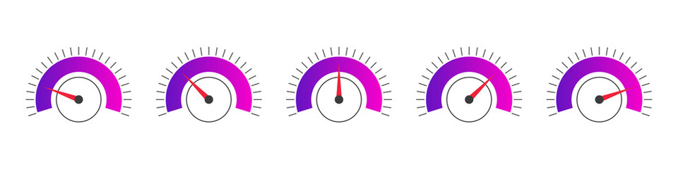 Indicator icons. Scale low, medium or high gauge or meter indicator. Performance measurement. Vector illustration