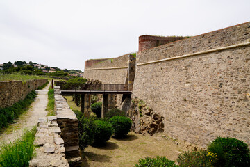 Fototapeta na wymiar Collioure France Royal interior view of the moat and ramparts of the castle panorama