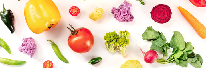 Healthy vegan diet panorama, top shot on a white background. Fresh summer salad ingredients