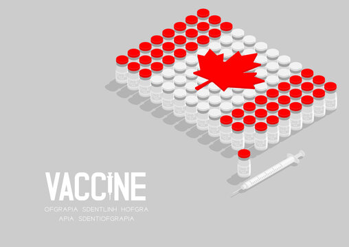 Isometric covid-19 vaccine bottle and syringe, Cannada national flag shape, Global Vaccination Campaign Country concept design illustration isolated on grey background with copy space