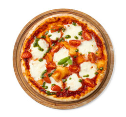 Fresh pizza on wooden board isolated on white