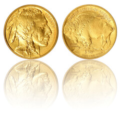 Gold coins of the United States of America isolated on a white background