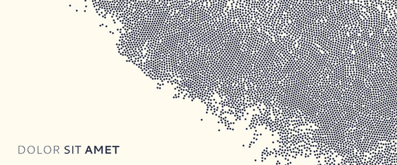 Background of black dots randomly moving on backdrop. Chaotic concentration and dispersion of small rounds. Dotted template. Stylish banner with spots. Dynamic vector illustartion. © Login